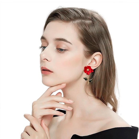 Red and Gold Floral Earrings - Picture 3 of 5